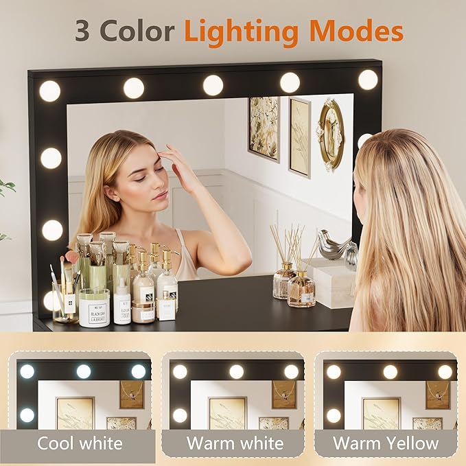 YESHOMY Vanity Desk with Mirror, Power Outlet and 11 Lights, Makeup Table with 2 Drawers, 3 Color Modes Available for Bedroom, Ash Black