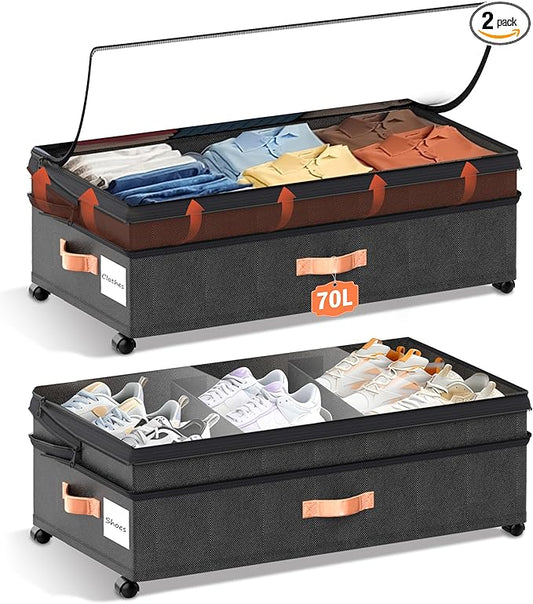 Under Bed Storage Organizer with Wheels - 2Pack 70L Extra Large Rolling Storage Bins with Clear Lid & Labels for Clothes, Shoes, Blankets (XXL, Black)