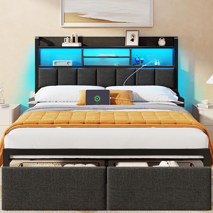 Furnulem Full Size Bed Frame with Upholstered Headboard, Bed Frame Full with Storage Drawers, Charging Station & LED Lights, Metal Platform No Box Spring Needed, Noise Free, Black (1200 lbs Capacity)