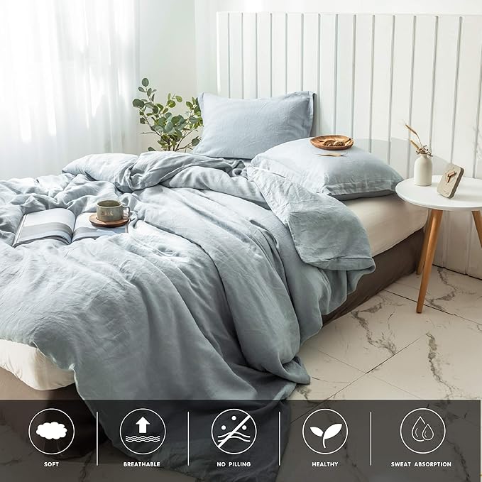 Simple&Opulence 100% Linen Duvet Cover Set 3pcs Basic Style Natural French Washed Flax Solid Color Soft Breathable Farmhouse Bedding with Button Closure - Dusty Blue, California King