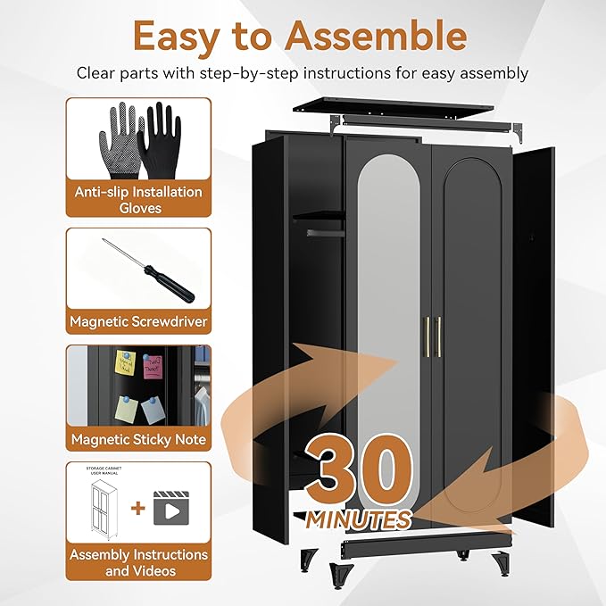 Polup Metal Armoire Wardrobe Closet with Mirror, 71" Tall Steel Clothing Storage Cabinet with Doors, Hanging Rod and Adjustable Shelves, Freestanding Clothes Organizer for Bedroom, Office, Black