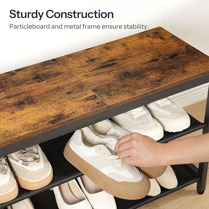 HOOBRO Shoe Bench, 3-Tier Shoe Rack Bench with Oxford Fabric Shelves, 29.5" L Industrial Shoe Storage Organizer for Hallway, Living Room, Holds Up to 300 lb, Space-Saving, Rustic Brown BF77HX01