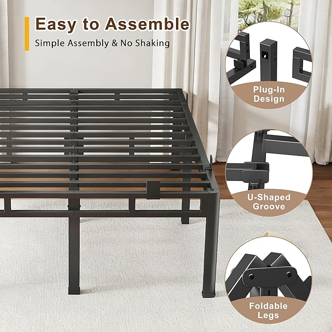 ROIL 16 Inch King Bed Frame, Double Layer Metal Bed Frame with Round Corner Legs, 4000LBS Bed Frame & Box Spring 2 in 1 Platform with Headboard Holes Mattress Baffles, Noise-Free Easy Assembly