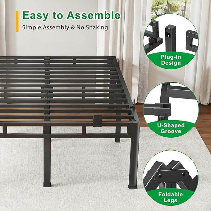 ROIL 14 Inch Twin XL Bed Frame, Double Layer Metal Bed Frame with Round Corner Legs, 4000LBS Bed Frame & Box Spring 2 in 1 Platform with Headboard Holes Mattress Baffles, Noise-Free Easy Assembly