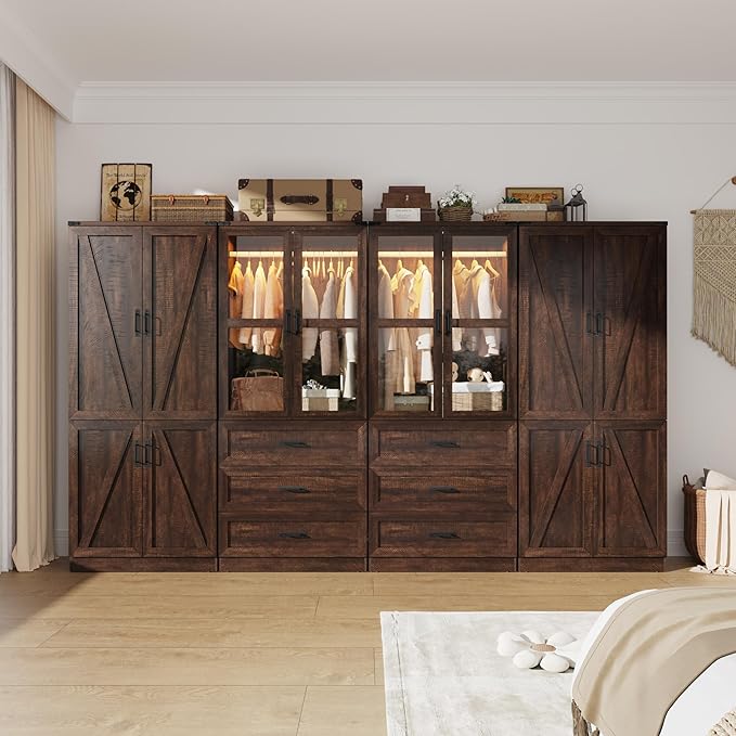 Hlivelood 75" Tall Farmhouse 8 Doors Armoire Wardrobe Closet with 6 Drawers and LED,Freestanding Closet Wardrobe Cabinet for Bedroom with Hanging Rod,Wooden Armoire Storage Cabinet(Brown 8 Doors)
