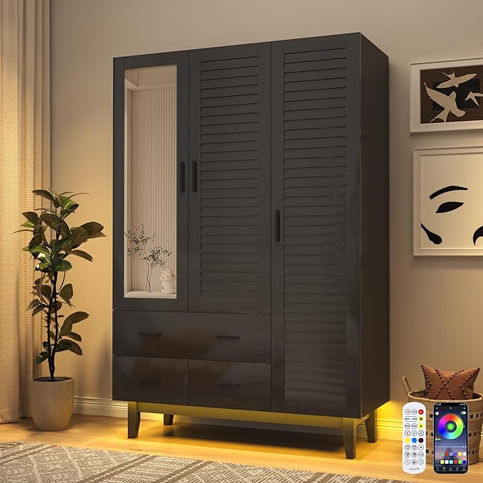 jiteentarou 3 Door Armoire Wardrobe Closet Cabinet with Drawers and LED Lights, Multi-Tier Shelves, Hanging Rod & 3 Louver Doors, Large Capacity Storage Wardrobe Armoire for Bedroom(3 Doors Black)