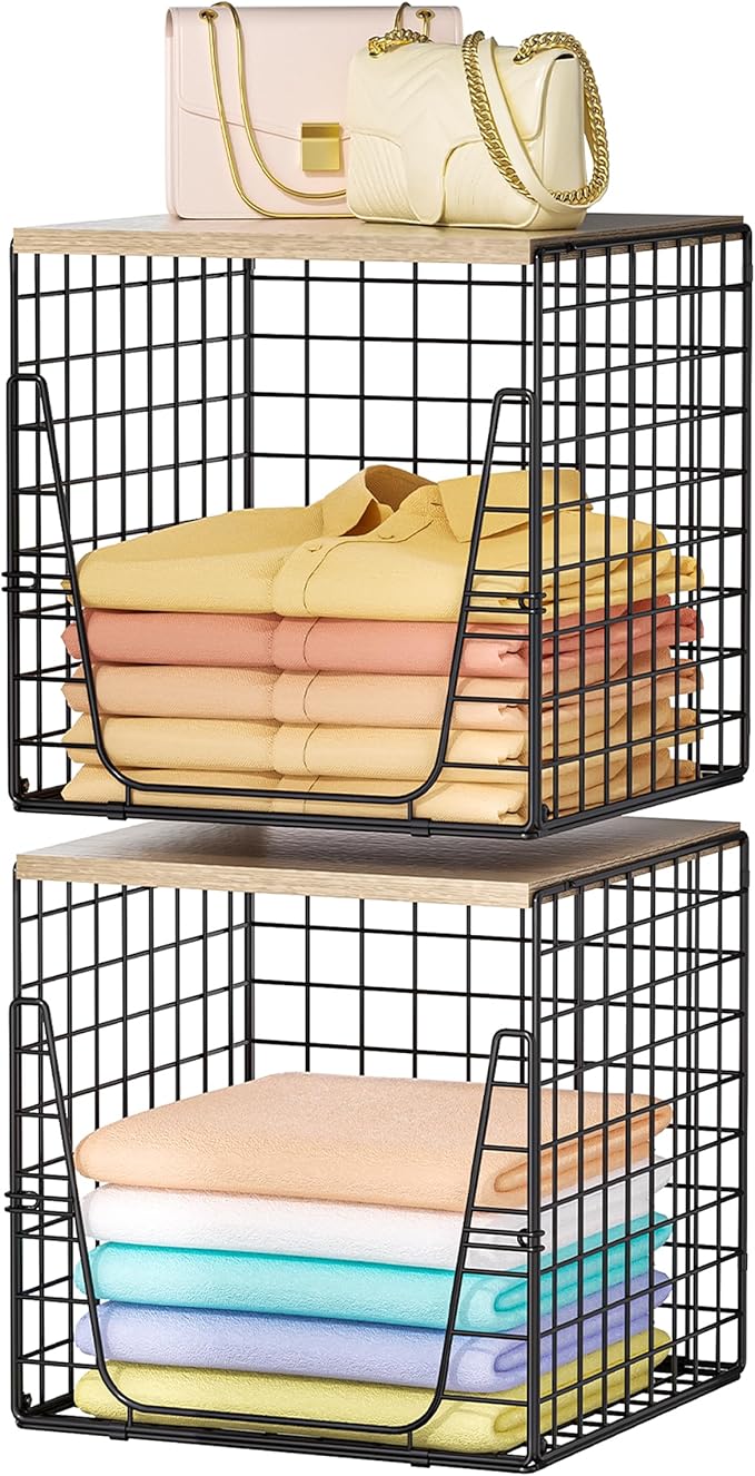 SWTYMIKI 2PCS Closet Organizers and Storage - Stackable Closet Basket with Wood Top Shelf, Clothes Storage Shelves, Clothes Drawer Bins for Wardrobe, Bedroom, Entryway, Black