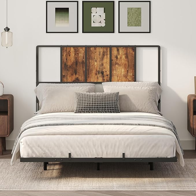 MAHANCRIS Full Size Headboard Only, Metal Headboard with Adapters, Minimalist Industrial Style for Full Size Beds, Rustic Brown and Black