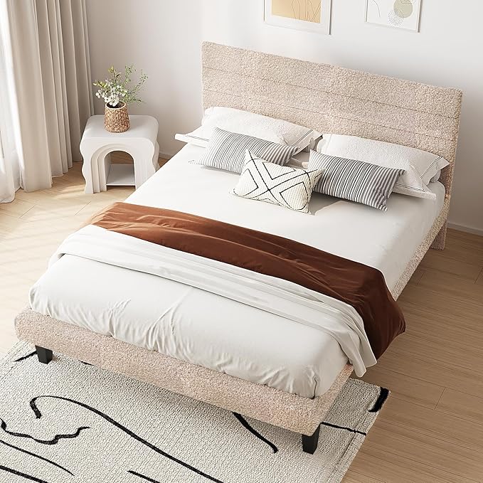 VINGLI Full Size Bed Frame with Storage, Boucle Upholstered Bed Frame with Adjustable Soft Headboard, Tufted Panel Bed with Wood Sturdy Slats Support, Modern Minimalist, Fabric Beige
