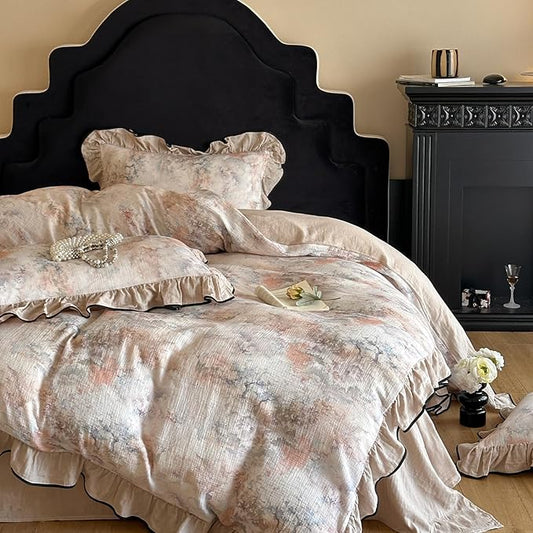 VM VOUGEMARKET Girls Ruffle Duvet Cover Set Twin Breathable Muslin Cotton Flower Duvet Cover Soft Linen Like Gauze Bedding Set-68x86 Inch