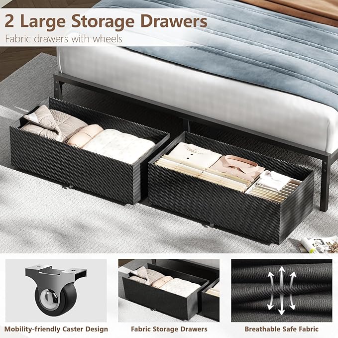 Furnulem Queen Bed Frame with Adjustable Headboard, Upholstered Bed with 2 Storage Drawers, Built-in USB Charging Station & LED Lights, Platform Bedframe with Metal Slats, No Spring Box Needed, Grey