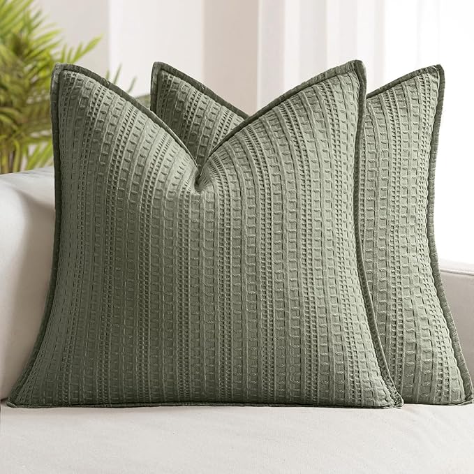 Set of 2 Decorative 100% Cotton Waffle Throw Pillow Covers 20x20, Neutral Euro Shams Weave European Cushion Cases for Couch Sofa Bed Modern Farmhouse Home Decor, Olive Green