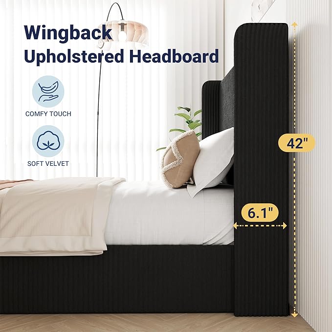 Allewie Full Lift-Up Storage Bed Frame with Modern Wingback Headboard, Corduroy Upholstered Platform Bed, Hydraulic Gas Lift Support, Underbed Storage, Wooden Slats, No Box Spring Needed, Black