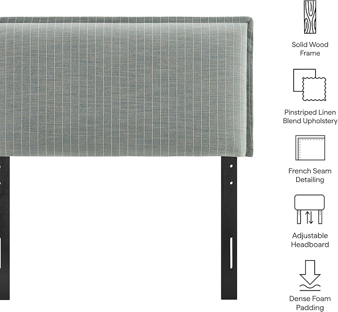 Modway Camille Twin Size Striped Linen Blend Pinstripe Headboard with Removable Slipcover – in Spa Blue Stripe - Padded Pillow Style Headboard with Adjustable Mounting for Twin Beds