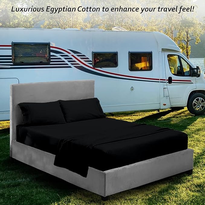 RV Camper King RV Camper Sheet Set (72x80) – 100% Egyptian Cotton, Soft & Cooling, 16” Deep Pocket Fitted Sheet, Luxury Hotel Quality Bedding for RVs, Campers & Motorhomes (Black)
