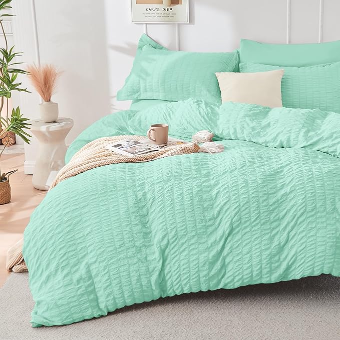 HYMOKEGE Mint Green Full Size Comforter Sets Seersucker 7 Pieces, All Season Luxury Bed in a Bag for Bedroom, Bedding Set with Comforter, Sheets, Pillowcases & Shams