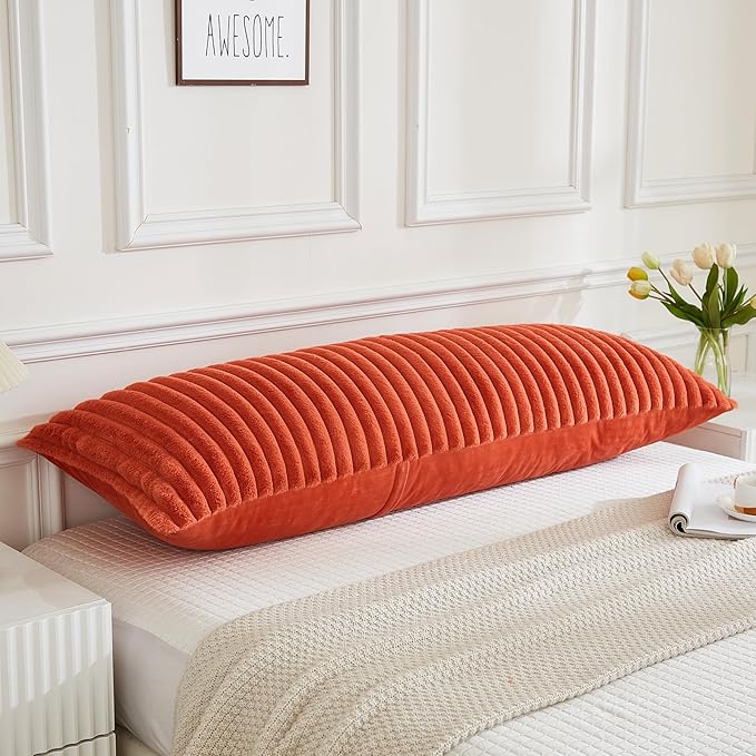 JAUXIO Faux Fur Fluffy Body Pillow Cover Luxury Textured Vertical Stripe Plush Decorative Body Pillowcase, Ultra Soft and Cozy Zipper Closure 21 x 54 Inches, Coral Orange
