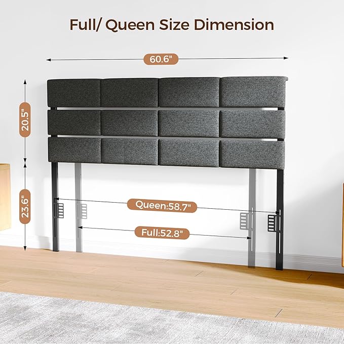 Full/Queen Size Upholstered Headboard, Adjustable Head boards with LED Light & Charging Station, Bed Headboard Only, Attach Frame, Study & Comfortable, Ideal for Bedroom, Dorm, Guest Room, Dark Grey