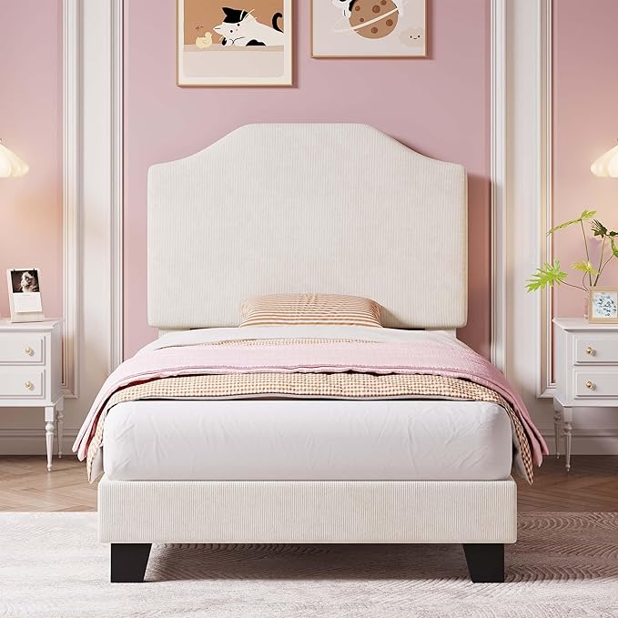 Twin Size Bed Frame, Corduroy Upholstered Platform Bed Frame with Adjustable Headboard, Mattress Foundation, Wooden Slats Support, No Box Spring Needed, Easy Assembly, Beige