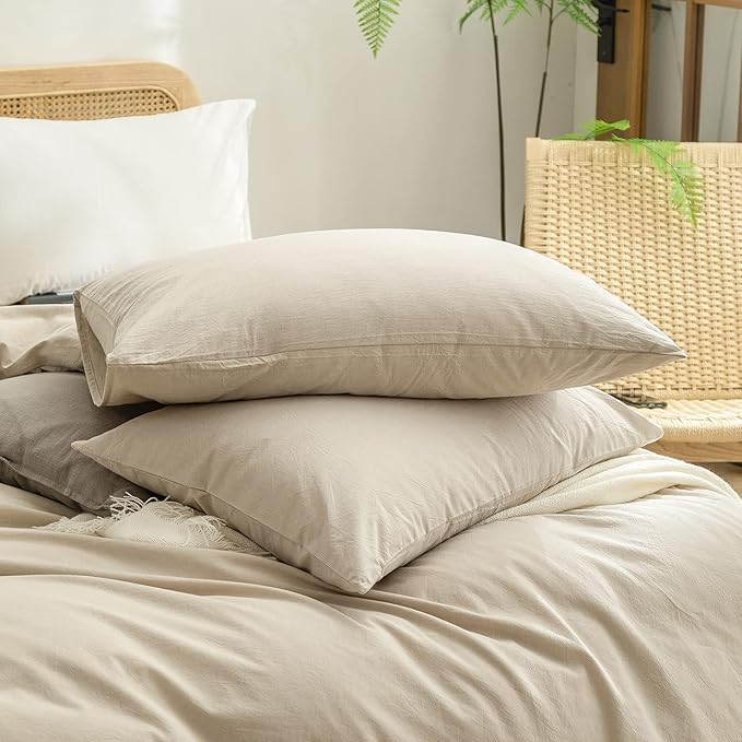 BESTOUCH Duvet Cover Set 100% Washed Cotton Linen Feel Super Soft Comfortable Chic Lightweight 2 PCs Home Bedding Set Solid Almond Milk Grey Twin/Twin XL