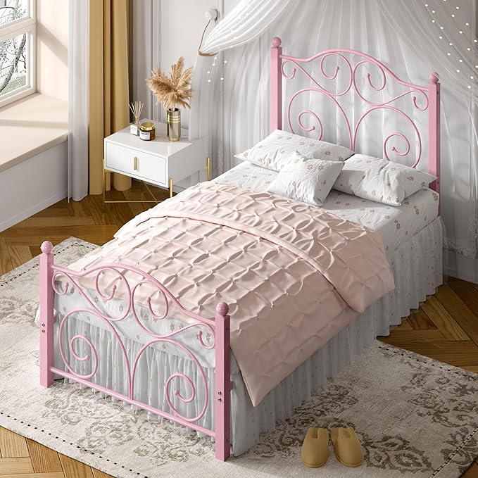 VECELO Twin Size Bed Frame with Headboard and Footboard, Heavy Duty Metal Slat Support, Platform Mattress Foundation, No Box Spring Needed, Easy Assembly, Pink