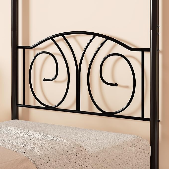 VECELO Metal Canopy Bed Frame Twin Size, 4 Posters Platform Mattress Foundation with Headboard, Heavy Duty Steel Slats Support, No Box Spring Needed, Matte Black