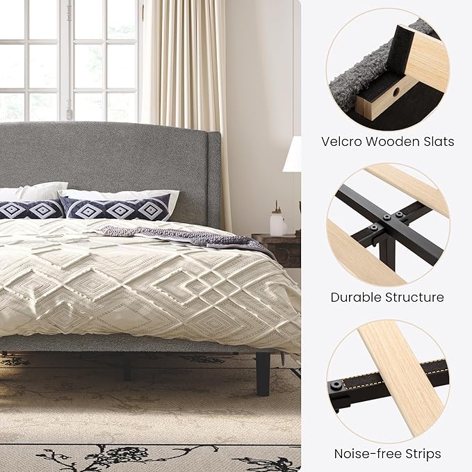 SHA CERLIN King Size Bed Frame with Soft Teddy Fabric, Boucle Upholstered Platform Bed, Curved Headboard Design, Wooden Slats Support, Noise-Free, No Box Spring Needed, Easy Assembly, Grey