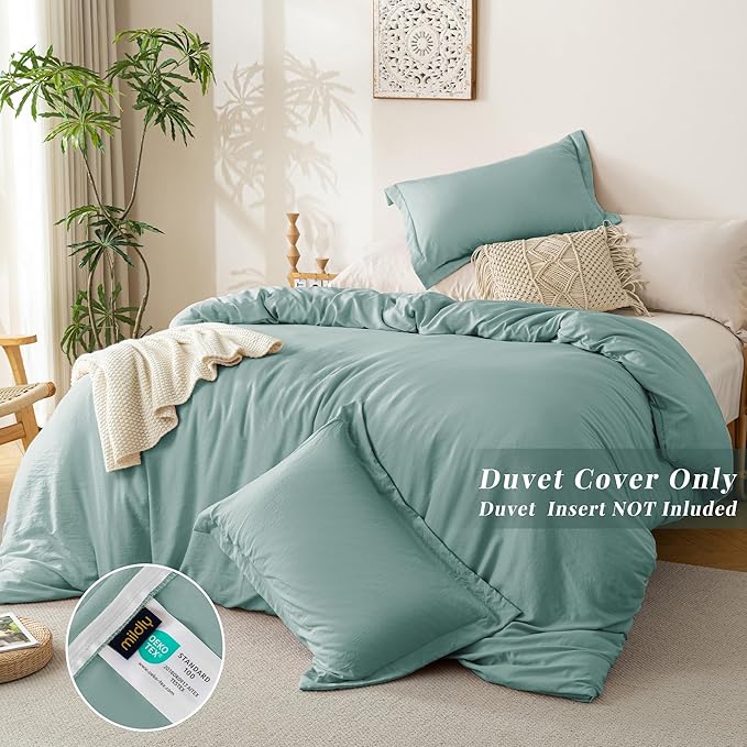 MILDLY Super Soft Duvet Cover - 100% Washed Microfiber Grayish Teal Comforter Cover Set 3 Pieces with Zipper Closure & Corner Ties (No Comforter)