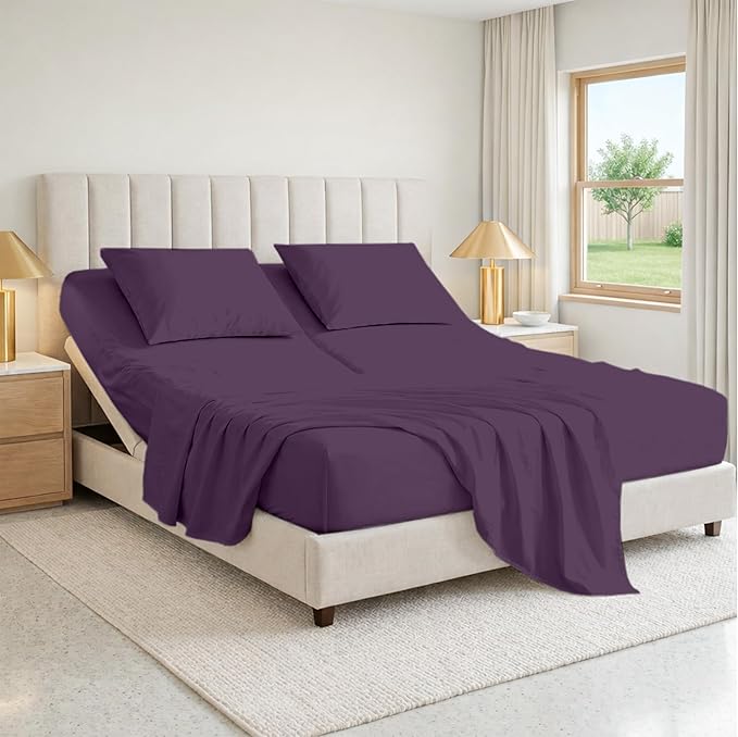 36 Inch Top Split Cal King Flex Head Sheet Set for Sleep Number Beds -1000 Thread Count Egyptian Cotton Sheet Set Plum Solid fits 15 inch Deep Mattress 1 Fitted Sheet 1 Flat/Top Sheet 2 Pillowcase