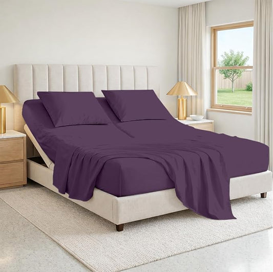 SGI bedding 28" King Split Top Flex Head Sheet 100% Egyptian Cotton Sheet Set 1000 Thread Count Flex Top Sheet for Adjustable Bed 4Pc Sheet Set 15" Deep Pocket for Sleep Number Bed - Plum