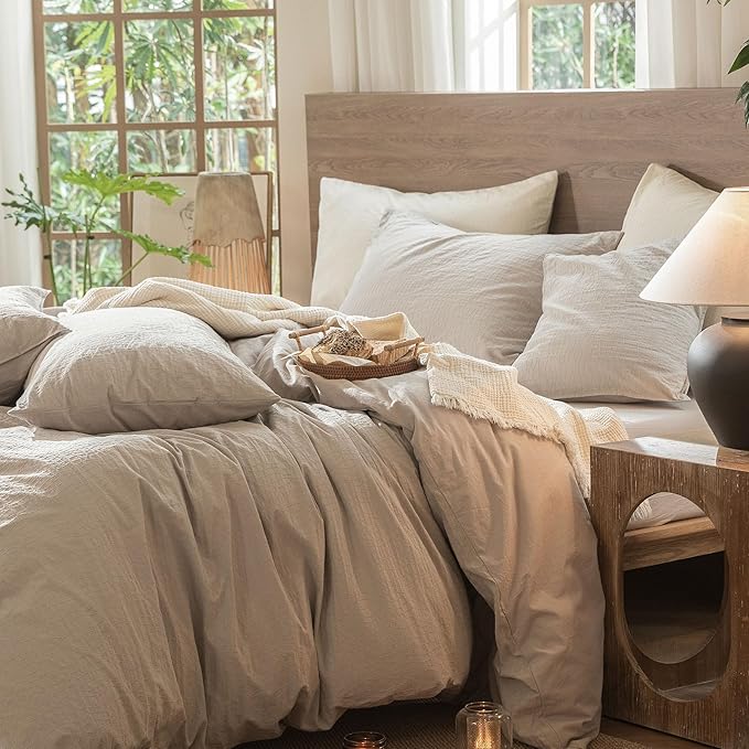 MooMee Wavy Striped Duvet Cover Set 100% Washed Cotton Linen Like Textured Breathable Durable Soft Comfy (Beige, Oversized Queen 98"x98")