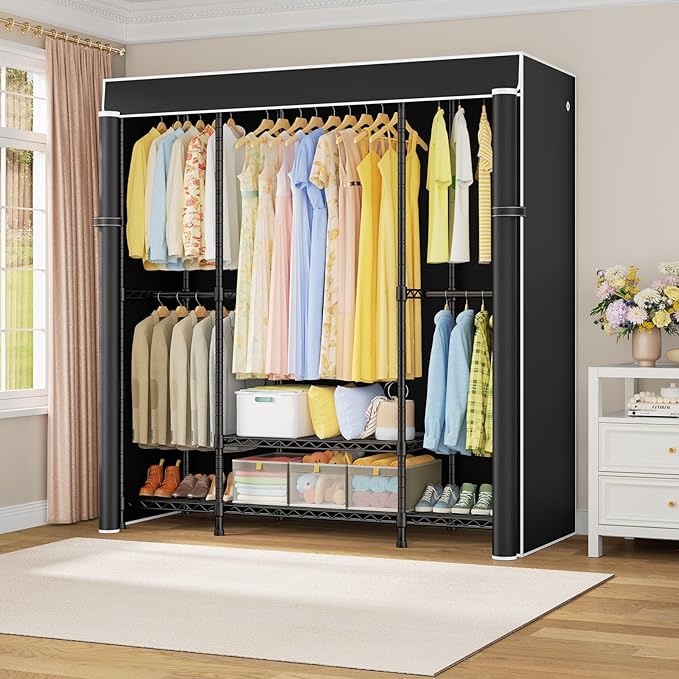 ULIFHOME E3C Heavy Duty Portable Closet Wardrobe with Fabric Cover, Freestanding Clothes Rack Holds up to 850 lbs, Metal Garment Rack Organizer for Clothing, 59.5" W x 16.5" D x 77.4" H, Black