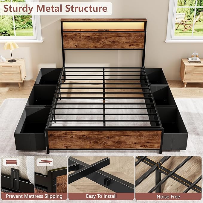 Forestell Full Size Bed Frame with Storage Headboard & 6 Drawers,Sturdy Platform Bed Frame Full with Charging Station,LED Lights,2-Tier Wood Shelf Industrial Bedframe-Noise Free/No Box Spring Needed