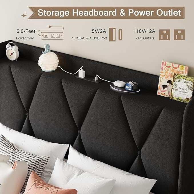 Einhomn Twin Bed Frame with 3 Storage Drawers, Upholstered Bed Frame with Charging Station and Storage Headboard, No Box Spring Needed, Easy Assembly, Black