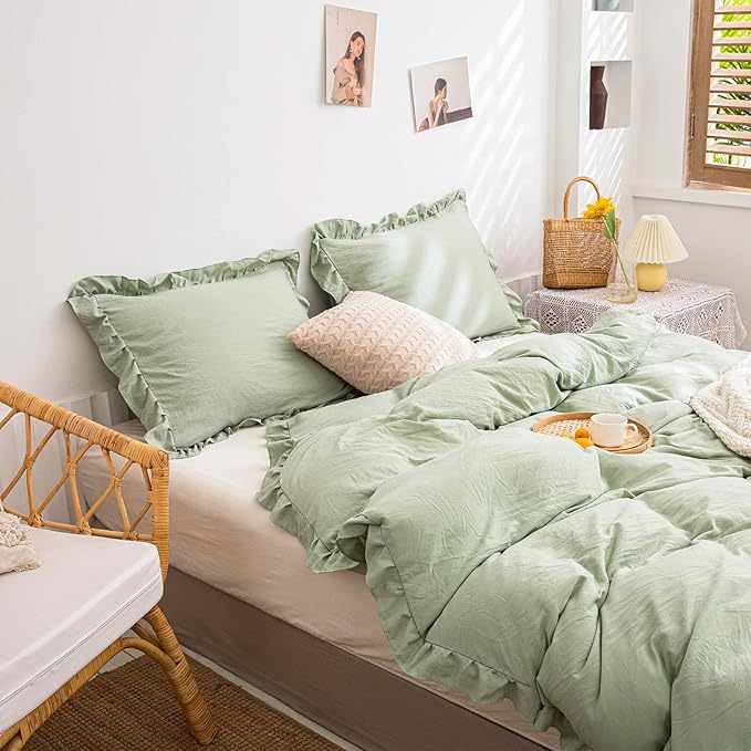 Green Pillow Shams Sage Green Ruffle Standard Pillowcases Cute Pillow Cover Set of 2 Shabby Chic Sea Green Pillowcases 2 Pack (Queen (20''x30''), Sea Green)