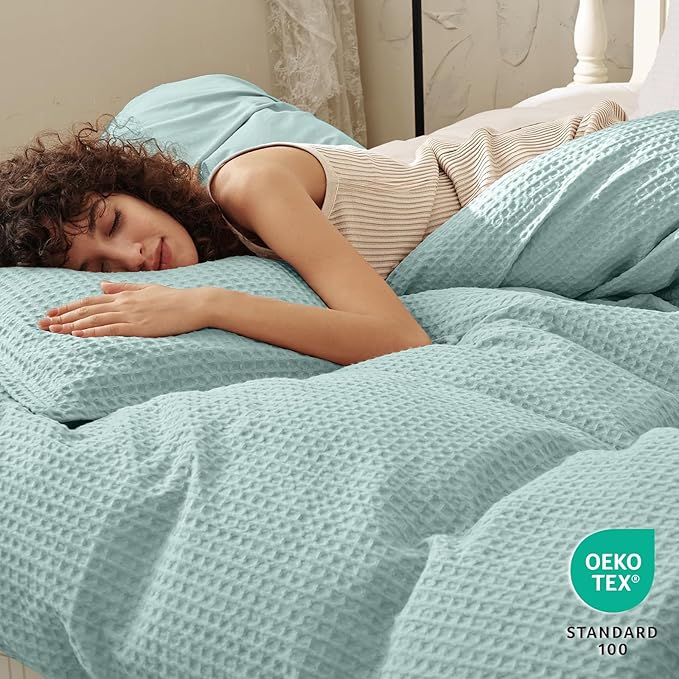 PHF Waffle Weave Duvet Cover Set King Size, No Snagging Ultra Soft Luxury Textured Breathable Comforter Cover for All Season 3pcs, Durable Bedding Duvet Set with 2 Pillow Shams, 104"x90", Aqua