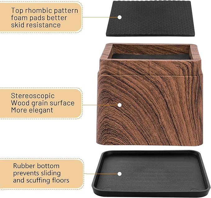 BTSD-home 3 Inch Wood Bed Risers Furniture Risers Bed Frame Lifters in Heights of 3 or 6 Inch Heavy Duty Set of 8 Square