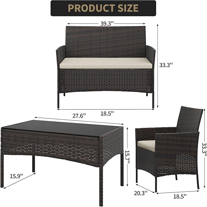 4-Piece Patio Furniture Set, Outdoor Wicker Conversation Set with Tempered Glass Coffee Table, Heavy Duty PE Rattan Sectional Sofa & Washable Cushions for Backyard, Deck, Poolside (Black Rattan/Beige)