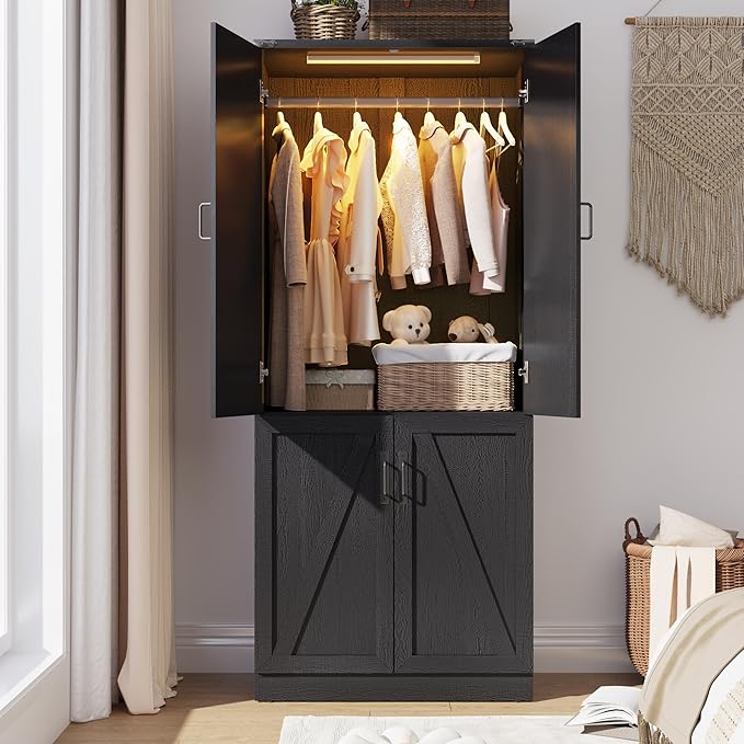 Hlivelood 75" Tall Farmhouse 2 Doors Armoire Wardrobe Closet with LED,Freestanding Closet Wardrobe Cabinet for Bedroom with Hanging Rod,Wooden Armoire Storage Cabinet with Adjustable Shelves(Black)