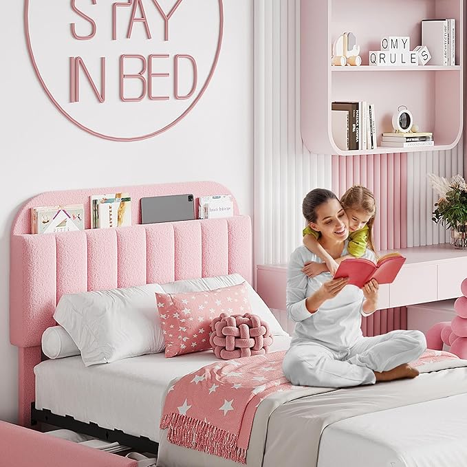 Garvee Twin XL Size Bed Frame with 2 Flexible Drawers, Boucle Upholstered Platform Bed Frame with Bookcase Headboard, Bedframe for Kids/Girls, Easy Assembly, No Box Spring Needed, Noise Free, Pink
