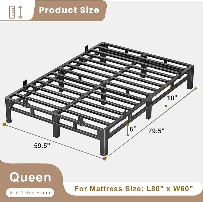 ROIL 10 Inch Queen Bed Frame, Metal Bed Frame & Box Spring 2 in 1 Platform with Round Corner Legs, 4000LBS Double Layer Low Profile Metal Platform Mattress Baffles, Noise-Free Easy Assembly