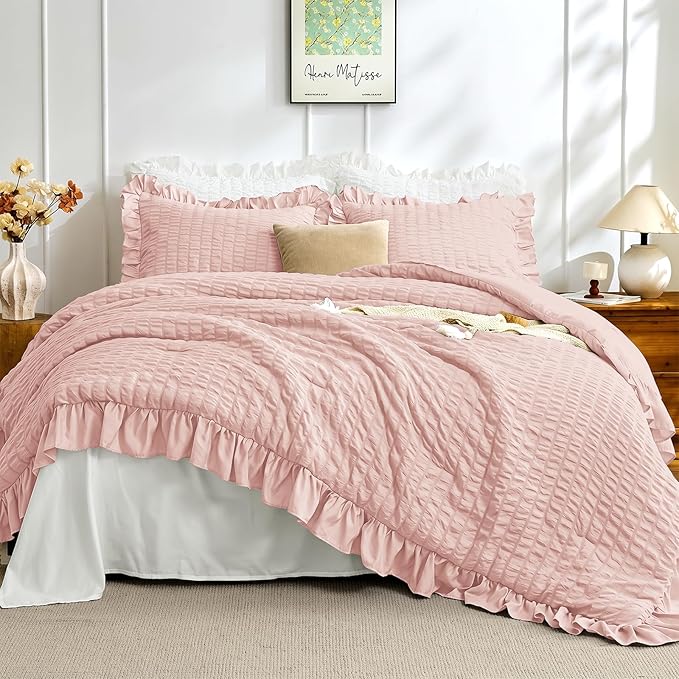 JOLLYVOGUE Full Size Comforter, 3 Pieces Rose Gold Seersucker Lightweight Full Size Bedding, All Season Fluffy Microfiber Bedding Comforter Set with 1 Ruffle Comforter and 2 Ruffle Pillowshams