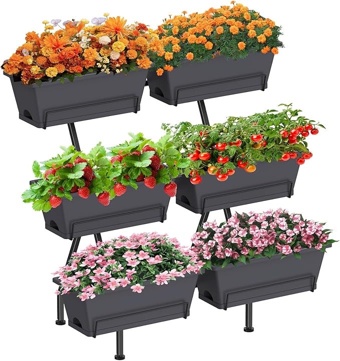 Sunexinlo 3-Tier Vertical Garden Planter with 6 Boxes, 31" Tall Raised Garden Bed with Adjustable Feet for Herbs, Flowers, Vegetables, Ideal for Indoor, Outdoor, Patio, Balcony, Deck Use, Gray