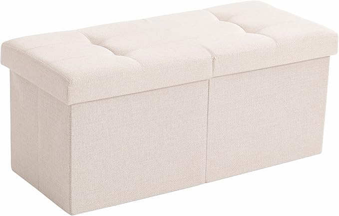 Storage Ottoman Bench Foldable Seat Footrest End of Bed Ottoman with Flipping Lid for Living Room, 75L, 30 inches Linen Fabric Beige