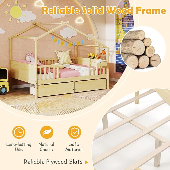Giantex Full House Bed with Drawers, Wooden Full Size Bed Frame with Cube Storage & Fence Rails, Montessori Beds for Kids Boys Girls, Bedroom, Living Room, No Box Spring Needed, Natural