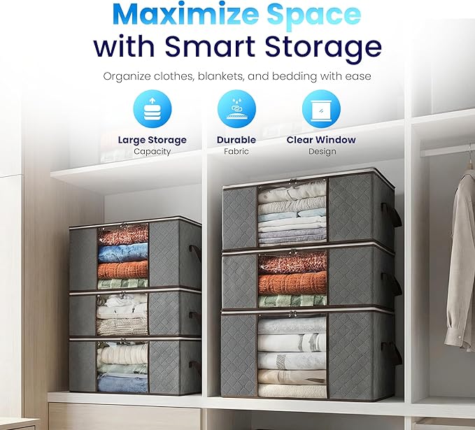 Storage Bags For Clothes - 6-Pack Collapsible Organizers for Blankets, Bedding & Clothes - Large 90L Zip Bags with Handles (Grey)