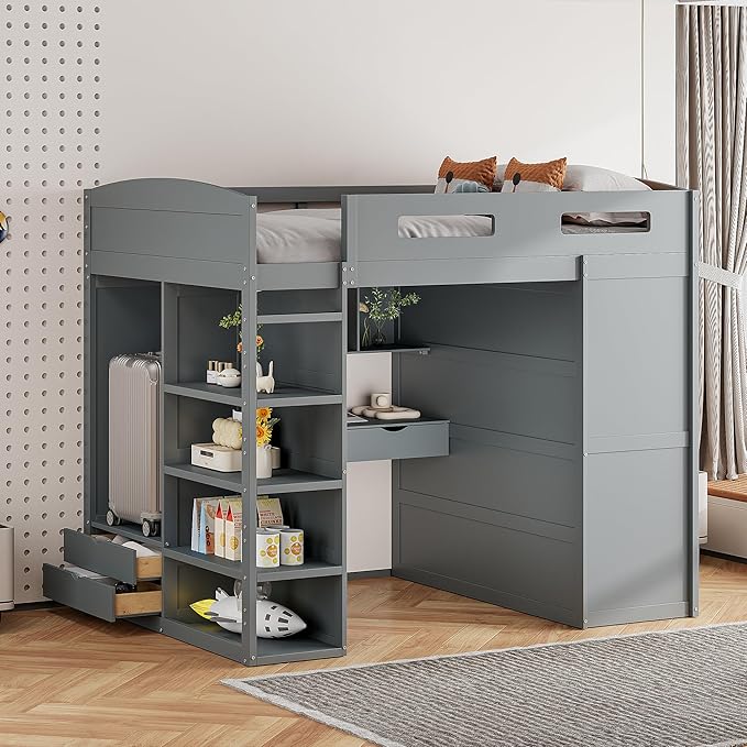 Multi-Functional Full Size Loft Bed with Built-in Desk and Wardrobes, Solid Wood Loft Bed Frame with 4 Drawers and 4 Shelves for Kids Teens Boys Adults, Maximize Space (Gray-F)