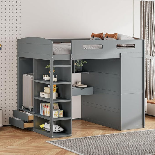 Multi-Functional Full Size Loft Bed with Built-in Desk and Wardrobes, Solid Wood Loft Bed Frame with 4 Drawers and 4 Shelves for Kids Teens Boys Adults, Maximize Space (Gray-F)