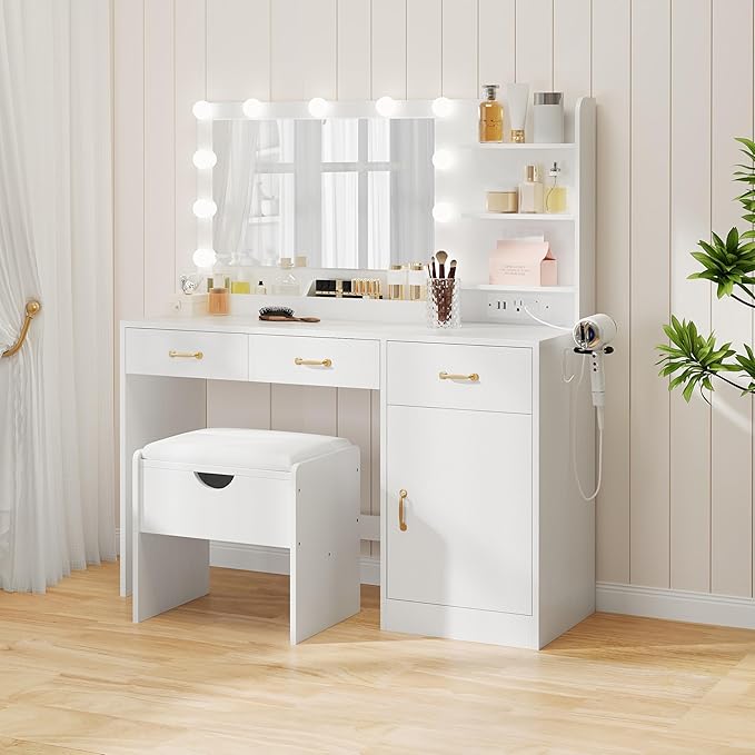 GarveeHome Vanity Desk with Mirror and Lights, Vanity Set with Upholstered Storage Stool, Makeup Vanity with Power Outlet & 11 LED Bulbs, Dressing Table with 3 Drawers & Storage Shelves, New White
