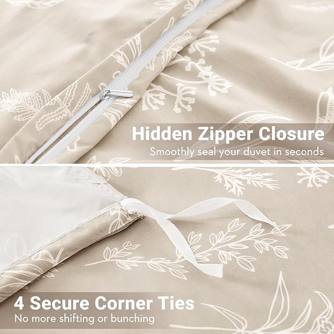 MUXHOMO Duvet Cover Queen Size, Reversible Floral Beige Duvet Cover Set with Zipper Closure, 3 Pieces Botanical Patterns Soft Microfiber Bedding Set with 4 Ties (90"x90", 2 Pillow Cases)
